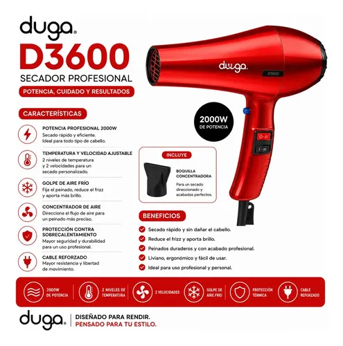 Secador de Pelo Duga D3600 Profesional Bordó 2000W 2 Velocidades