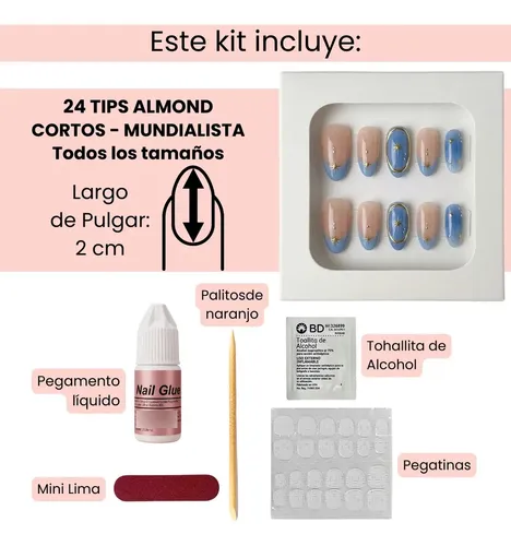 Uñas Postizas Autoadhesivas Press On Almendra Set Premium
