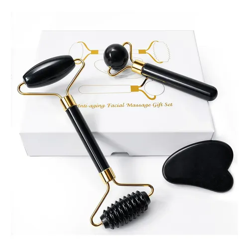 Set Masajeador Facial Jade Roller Gua Sha 3 Piezas Negro