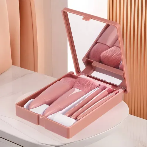 Set 5 Brochas De Maquillaje Con Estuche Y Espejo Café Prox