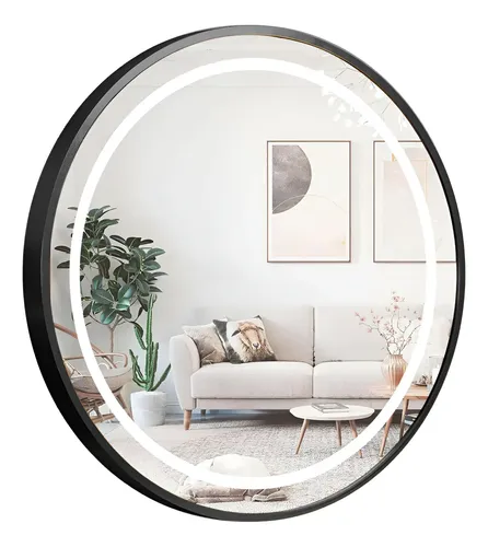Espejo Redondo 50 Cm Circular Luz Led Marco De Aluminio Marco Negro