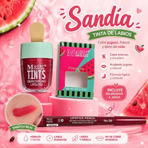 Set Labial Tinta Helado Delineador Crema Manos Bolsa Regalo