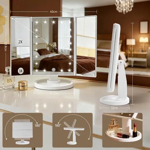Espejo de Maquillaje Plegable con Triple LED y Aumento 3X para Maquillaje de Rostro, Recargable por USB, con Base Organizadora de 180°