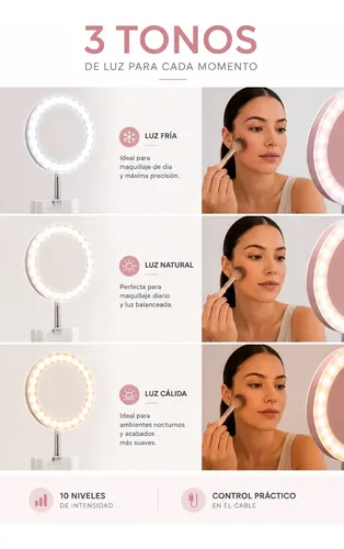 Espejo Portatil Maquillaje Luz Led 3 Tonos Altura Regulable