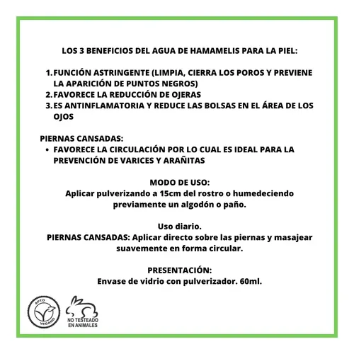 Agua De Hamamelis Natural Orgánica Piel Rostro Piernas 120ml