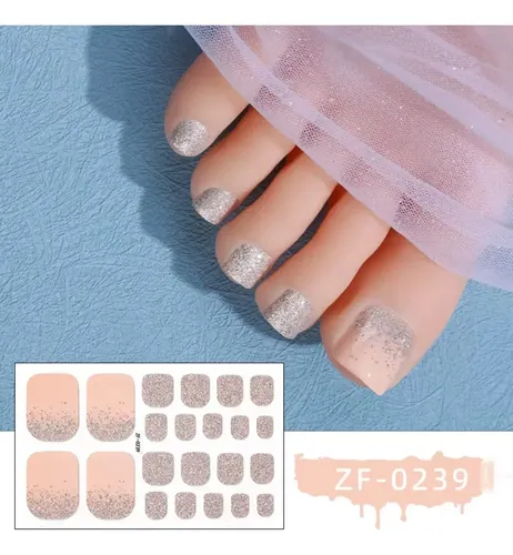 Tiras De Uñas Gel Para Pies Autoadhesivas 22u – No Necesita Lampara UV – Nude Champagne Glitter