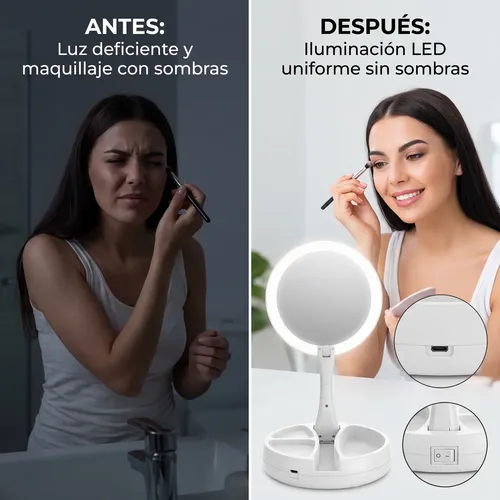 Espejo Doble Cara Luz Led Maquillaje Articulado Aumento Base