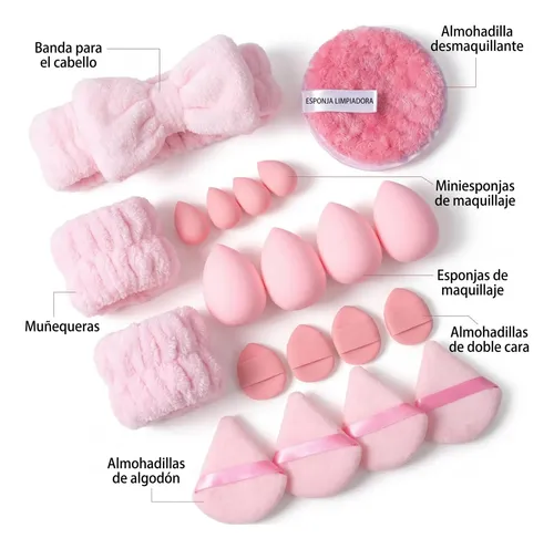 Set Esponjas Maquillaje Y Skincare 20 Pzas Con Diadema