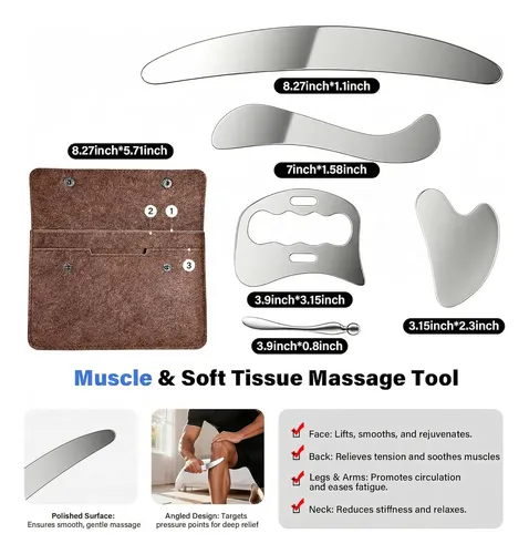 Kit 5 Herramientas Gua Sha Metal Marrón Para Masajes