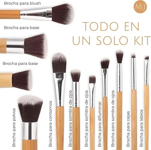 Set 11 Brochas Maquillaje Profesional Mango Bambú Marrón