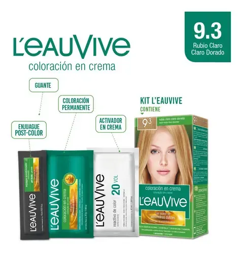 Tintura L’eau Vive Kit en Crema 9.3 Rubio Muy Claro Dorado Sin Amoníaco