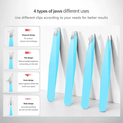 Set 4 Pinzas Acero Profesional Azul Cejas Vello Facial