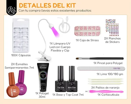 Kit Uñas Esculpidas Polygel Esmaltado Semipermanente Uv Led