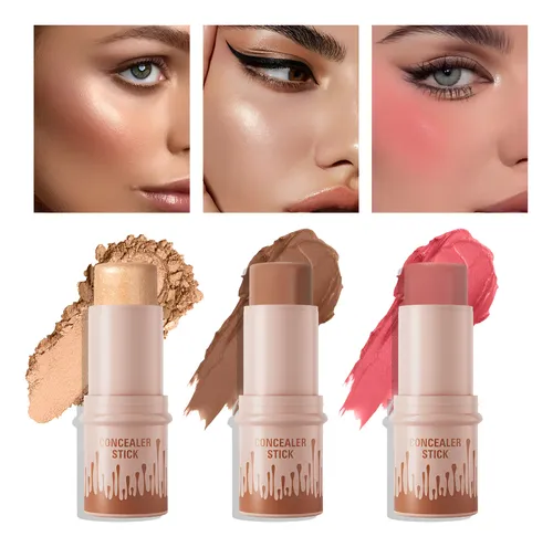 Set Maquillaje Facial 3 En 1 Contorno Iluminador Rubor Barra