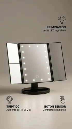 Espejo Mtl Tríptico Con Luz Led Iluminación Portátil Base Reforzada Ideal Maquillaje Profesional Rutinas Belleza Cuidado Facial Tocador Dormitorio Baño Negro Diseño Moderno Elegante Compacto Práctico