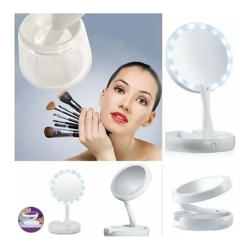 Espejo Led Maquillaje Redondo Doble Plegable Pilas 220 Zoom