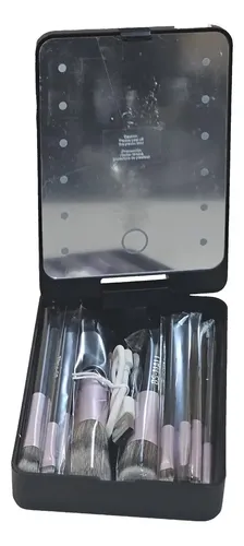 Set 14 Brochas Maquillaje C/estuche Espejo Led Profesional Color Negro