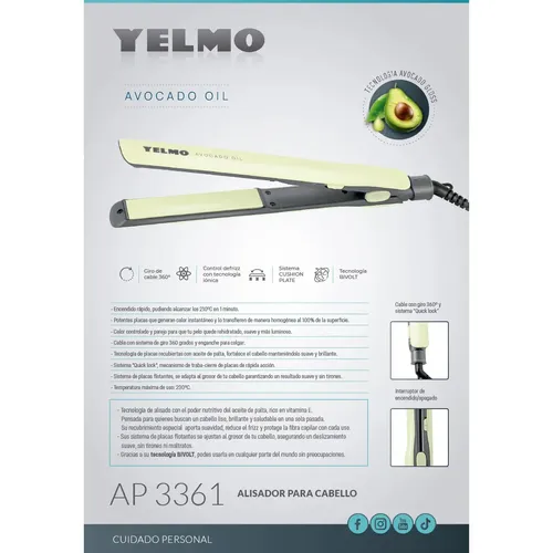 Planchita De Pelo Yelmo Ap-3361 Bivolt 230c Placas Flotantes Tecnología Avocado Oil
