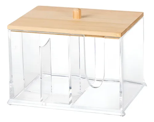 Organizador De Acrilico Con 4 Divisiones Y Tapa De Bamboo Color Transparente