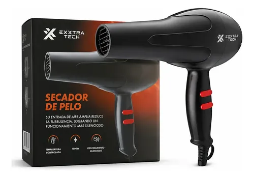 Secador De Pelo Profesional Exxtra Tech 1500W Compacto Liviano Para Viaje Temperatura Controlada Difusor Negro