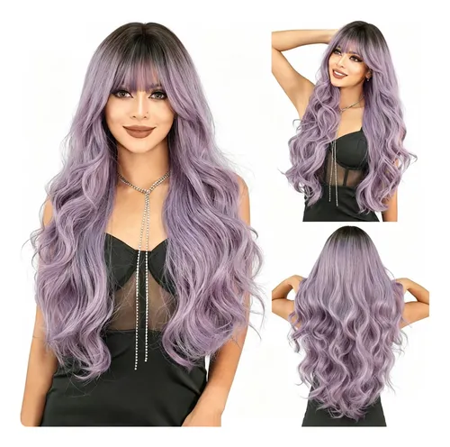 Peluca Larga Ondulada De Color Gris Púrpura Para Mujer