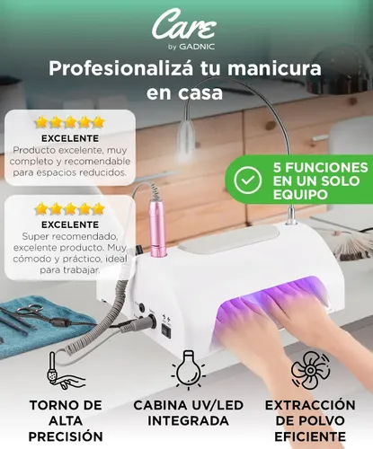 Cabina UV LED Para Uñas Care By Gadnic 5 En 1 96W Torno 30000RPM Recolector De Polvo Luz 360