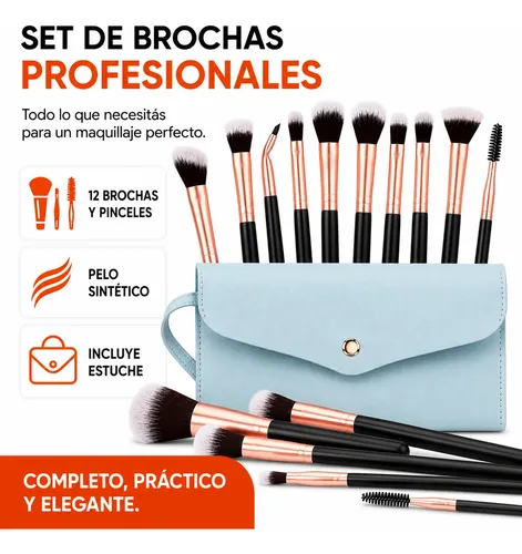 Set 12 Brochas Y Pinceles Para Maquillaje + Estuche Colores