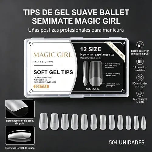 Tips Soft Gel Cuadrado Mate 504 Unidades 12 Tamaños