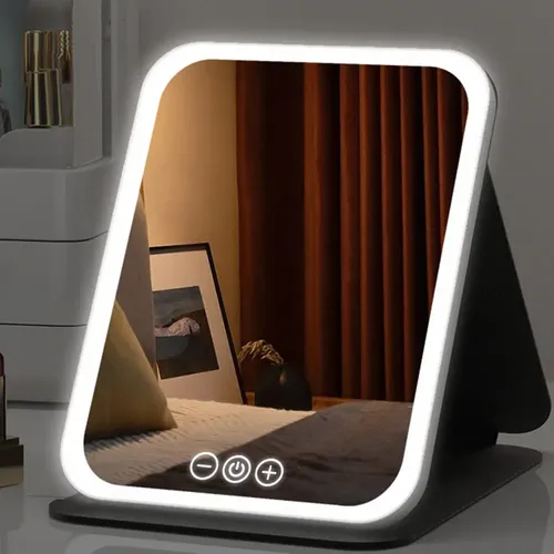 Espejo Maquillaje Led Plegable Luz Fría Cálida Natural Usb Negro