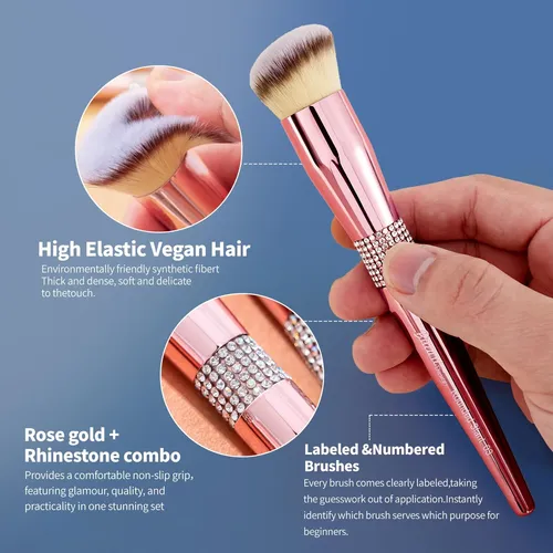 Set 16 Brochas Maquillaje Bueart Design Mango Metal Oro Rosa