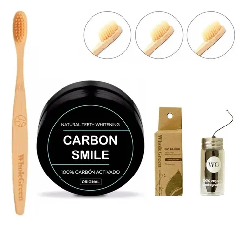 Kit Blanqueador Dental Carbon Smile + Cepillo Bambu + Hilo