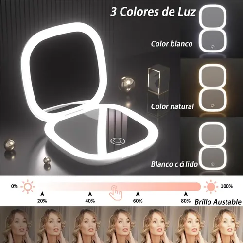 Espejo Compacto De Maquillaje Viaje Regulable Luz, Espejo .