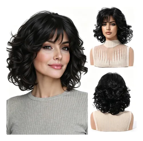 Peluca Bob Corto Rizado Para Mujer, Estilo Voluminoso 30cm