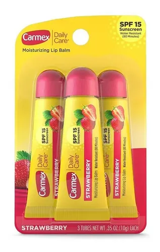 Carmex Daily Care Moisturizing Lip Balm Strawberry 3pz 10g Bálsamo Labial Hidratante Fresa Protector Solar Spf 15 Alivio Labios Secos Reparador Humectación Profunda Cuidado Diario Pack