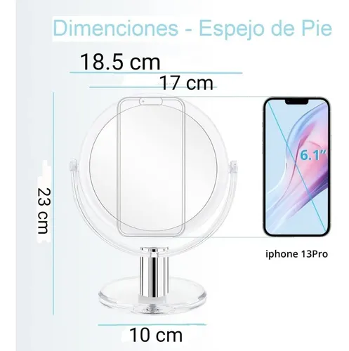 Espejo Doble 21cm Aumento X 2 Acrílico Con Pie Rotación 360* Transparente