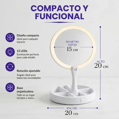 Espejo Redondo Con Luz Led Aumento 10x Plegable Portátil Daikon