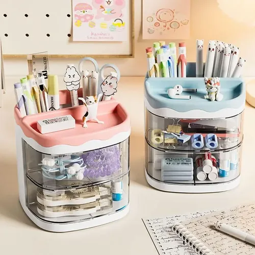 Organizador De Maquillaje Cremas Escritorio, Porta Lápices Y Papelería, Con 2 Cajones Multifuncional, Ideal Para Decoración Aesthetic, Almacenamiento Tierno Y Viral Levys Bazar