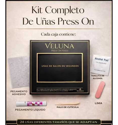 Uñas Press On Veluna – Almendras Medianas – Kit Completo Rosa