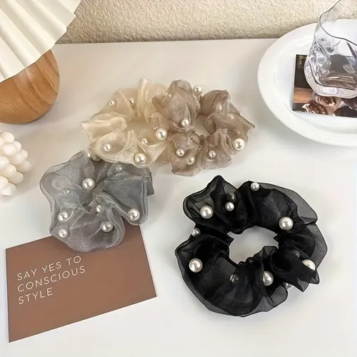 4 Cintas De Malla Multicolor Con Perlas Para El Pelo, Sencil Four Piece Set