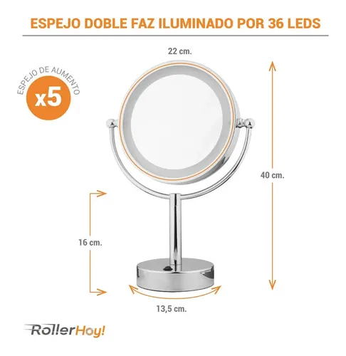 Espejo Luz Maquillaje Aumento X5 Doble Faz Base 36 Led