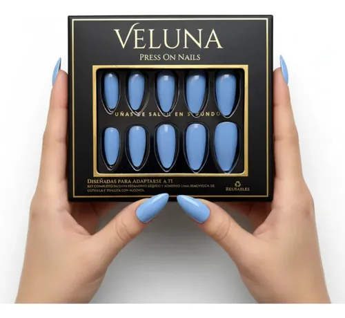 Uñas Press On Veluna – Almendras Medianas – Kit Completo Celeste