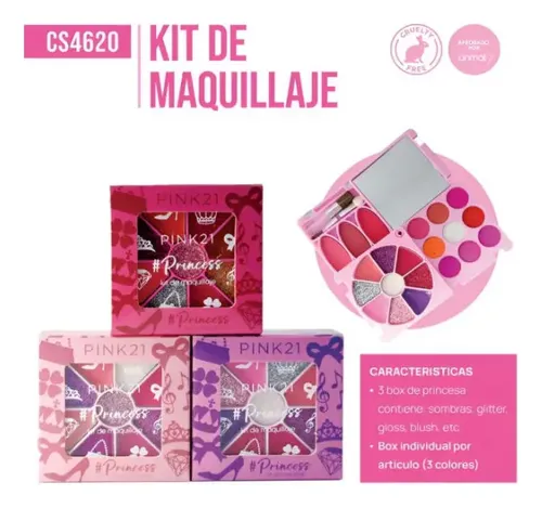 Kit Maquillaje Infantil Princess Pink21 Labial Sombra Rubor