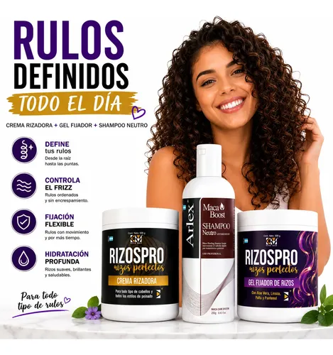 Combo Arlex Crema Rizadora Gel Fijador Champu Kit Curly
