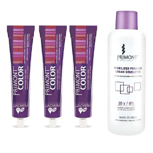 Tintura permanente Primont Coloración Kit X3 Tintura Permanente Primont X60gr + Oxidante tono a eleccion para cabello
