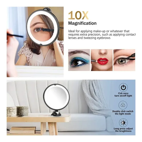 Espejo De Maquillaje De Lupa 10x Con Luz Led 360 Grados