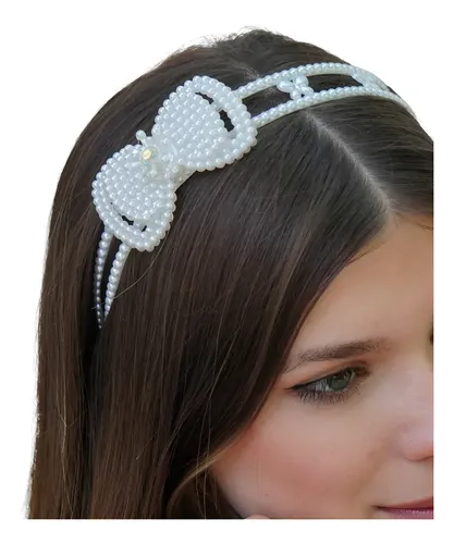 Vincha Pelo Fiesta Novia Tiara Perlas Strass Dorado Plateado Color Perlas Moño