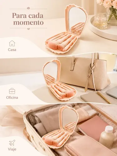 Set De Brochas Maquillaje Con Espejo Portátil Viaje 5 Pzs
