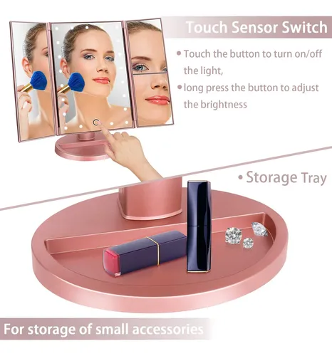 Espejo Para Maquillaje Triptico Con Aumento Y Luz Led Rosa