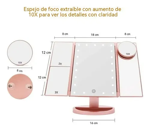 Espejo Maquillaje Luz Tríptica Aumentos 10x/3x/2x Carga Usb