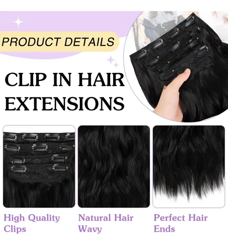 Extensiones De Cabello Ondeado 40cm 4piezas C/ Clips Negro